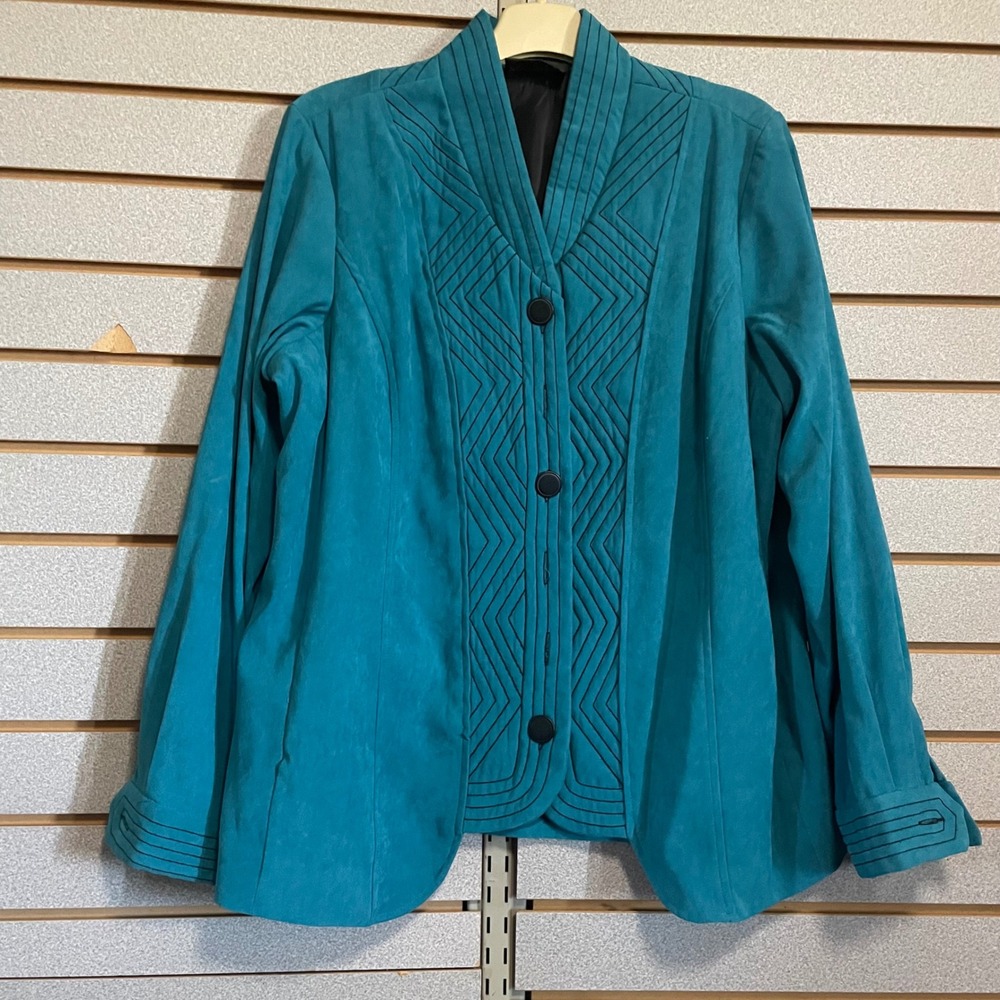 Bob Mackie Turquoise Suede Jacket Womens L Button Front Geometric Design Blazer